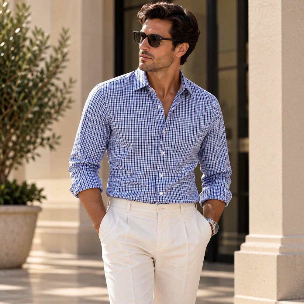 GUCCI Slim Cotton Glenn Plaid Button Down Shirt Blue Sz 43/17/XL $690 {T30}
